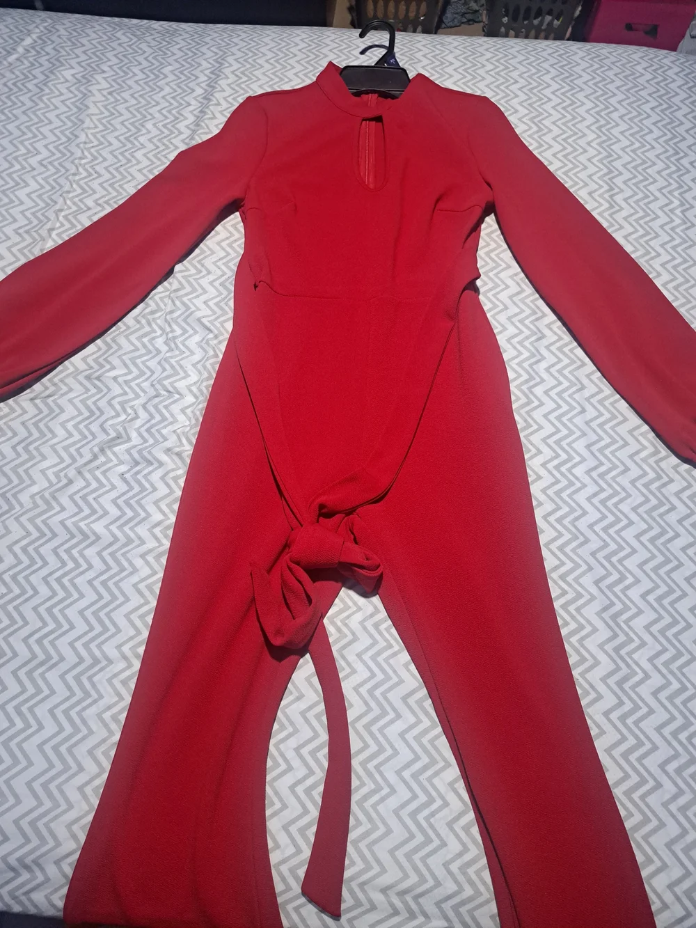 Women's Red Long-Sleeve Tie-Waist Jumpsuit